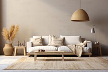 Clean Dan Minimalist Living Room With Sofa. Beige Comfortable Apartment Design