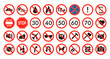 Red prohibition icon. Danger smoking warning sign, cigarette, alcohol and weapon prohibited signs and public warning icons. Vector flat collection. Restrictions for cellphone, sunglasses, pets