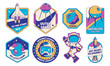 Vintage space and astronaut badges. Retro galaxy with rocket flight to insignia labels, old style planet and space exploration emblem. Vector isolated set. Outer space, academy logo