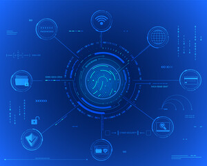 Fototapete - Technology cyber security online data protection. Futuristic fingerprint unlock scanning vector background.