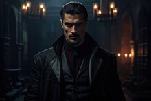 Man Dressed As A Vampire Posing Against A Dark Castle - Helloween - AI Generated