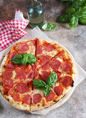 Poster - homemade pizza with pepperoni and basil