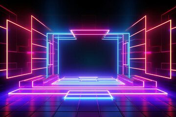 Abstract neon light geometric background. Glowing neon lines. Empty futuristic stage laser. Colorful rectangular laser lines. Square tunnel. Night club empty room. Laser show design.