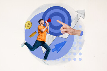 Aufkleber - Photo banner collage of young businessman worker hold megaphone scream arrow growth challenge rise results isolated on white background