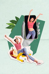 Poster - Collage composition template of funky two girls different lifestyle dream about rich future dancing in trash isolated over green background