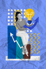 Poster - Collage sketch image of happy girl worker hold lamp bulb thought successful project strategy isolated on drawing background