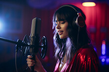 A Young Woman Speaking A Podcast Or Singing Into The Studio Microphone. In Neon Led Lighting, Cyan And Magenta, In A Sound Recording Studio. Creative Artist Singer Or Performer Producing Entertainment