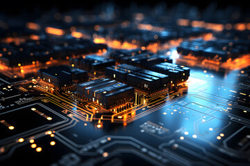Fototapete - A macro image of a processor microchip or a graphic card, technological device storing memory, hardware close-up, neon led lights. Generative AI technology
