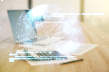 Fototapete - multi exposure of abstract creative coding sketch and world map on calculator and laptop background,