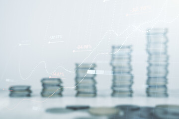 Poster - Multi exposure of abstract statistics data hologram interface on growing coins stacks background, computing and analytics concept