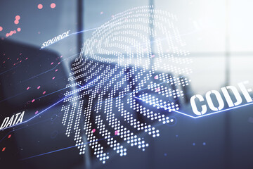 Aufkleber - Abstract virtual fingerprint illustration on a modern coworking room background, personal biometric data concept. Multiexposure