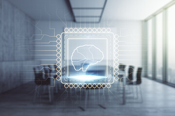 Aufkleber - Virtual creative artificial Intelligence hologram with human brain sketch on a modern conference room background. Multiexposure