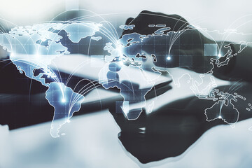 Poster - abstract graphic digital world map with connections and finger presses on a digital tablet on backgr