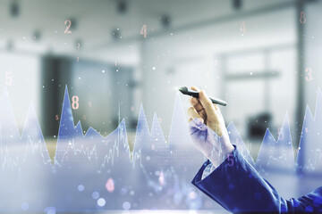 Poster - Man hand with pen working with abstract virtual analytics data spreadsheet on blurred office background, analytics and analysis concept. Multiexposure