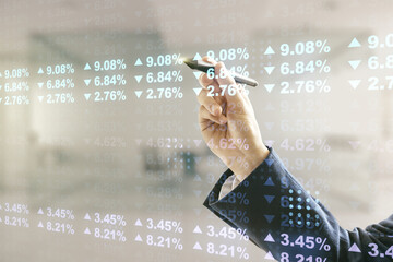 Poster - Double exposure of male hand with pen working with abstract virtual statistics data hologram on blurred office background, statistics and analytics concept
