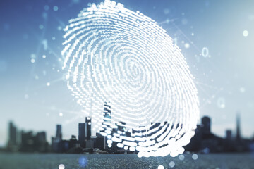 Aufkleber - Multi exposure of virtual abstract fingerprint illustration on San Francisco city skyline background, digital access concept