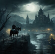 a knight in the horse seeing the castle in the night behind the bridge at night