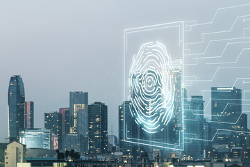 Aufkleber - Multi exposure of virtual creative fingerprint hologram on Los Angeles skyscrapers background, personal biometric data concept