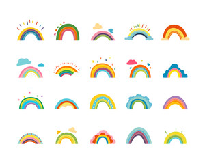 Poster - Cartoon Color Different Types Cute Rainbow Icon Set Concept Flat Design Style. Vector illustration of Colourful Rainbows and Cloud