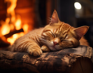 a cat sleeping beside a fireplace