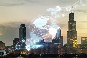 Aufkleber - Abstract virtual robotics technology hologram with globe sketch on Chicago skyline background. Robot development and automation concept. Multiexposure
