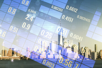 Poster - Double exposure of abstract virtual statistics data hologram on New York city skyscrapers background, statistics and analytics concept