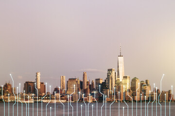 Aufkleber - Abstract virtual micro circuit sketch on Manhattan office buildings background, future technology and AI concept. Double exposure