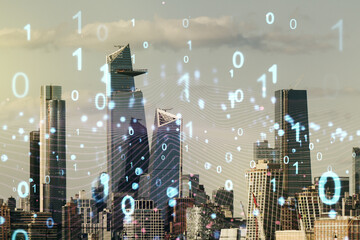 Aufkleber - Abstract virtual binary code hologram on New York cityscape background, AI and machine learning concept. Multiexposure