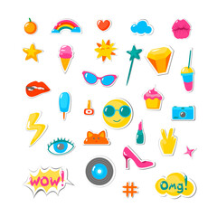 Poster - Cartoon Color Different Pop Art Fashion Chic Patches Icon Set Concept Flat Design Style. Vector illustration