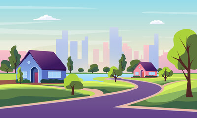 Wall Mural - Cartoon Color Suburb District Houses Landscape Scene Concept Flat Design Style. Vector illustration of Suburban Architecture