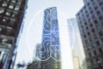 Poster - double exposure of creative artificial intelligence interface on modern skyscrapers background. neur