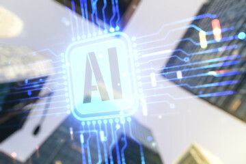 Poster - Double exposure of creative artificial Intelligence icon on modern skyscrapers background. Neural networks and machine learning concept