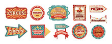 Circus Labels. Cartoon Fairground Tent Entrance Signs, Magic Show And Amusement Attraction, Flyer Banner With Arrow Symbol. Vector Set. Funny Carnival, Signpost With Tickets, Prizes And Popcorn