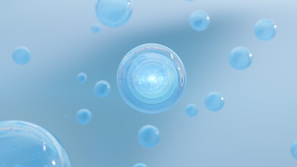 Poster - 3D cosmetic rendering Blue Bubbles liquid serum on a blurry background. Design of collagen bubbles. Essentials of Moisturizing and Serum Concept. Concept of vitamins for beauty and health.