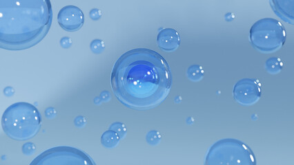 Poster - Cosmetic moisturizing liquid drops on blue background. Abstract science background with bubbles on water. cosmetic bubble design magic