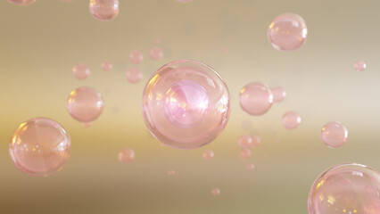 Poster - Cosmetic liquid bubbles on a bright background. Collagen bubbles Design. Moisturizing Cream and Serum Concept. Vitamin for personal care and beauty concept. 3D render