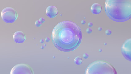 Poster - 3D abstract rendering with multicolor bubbles. Cosmetics illustration with a 3D bubble form combining foam bubbles, transparent balls, and holographic floating liquid blobs.