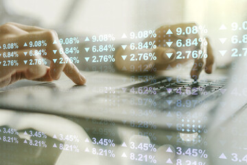 Poster - Double exposure of abstract creative statistics data hologram with hands typing on laptop on background, analytics and forecasting concept