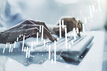 Poster - Multi exposure of abstract financial diagram with hand typing on computer keyboard on background, banking and accounting concept