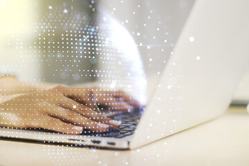 Aufkleber - Double exposure of abstract digital world map and hand typing on laptop on background, research and strategy concept