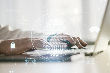 Poster - Multi exposure of abstract fingerprint scan interface with hands typing on computer keyboard on background, digital access concept