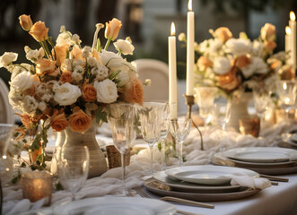 Wall Mural - table setting with flowers and candles for a wedding reception