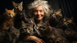 © Vika art - Strange old lady with a lot of cats. generative Ai