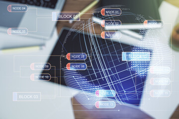 Aufkleber - Multi exposure of abstract creative coding sketch with world map and modern digital tablet on background, top view, artificial intelligence and neural networks concept