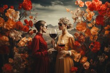 Two Women In Sunglasses Are Holding Glasses Of Red Wine.  Collage In Autumn Colors