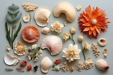 Variety Of Seashells, Tropical Shells, Big Ocean Shells, Flowers  In Pastel Colors,  Flat Lay.