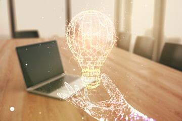 Poster - Double exposure of creative light bulb hologram on laptop background, research and development concept