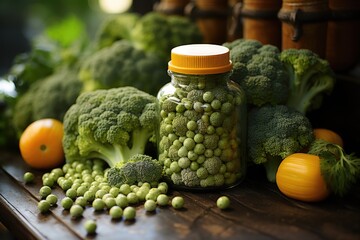 Wall Mural - Green pea and fresh broccoli medicines in bottles on the drugstore counter. Broccoli healthy food concept