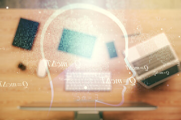 Poster - Creative artificial Intelligence concept with human head sketch on modern computer background. Double exposure
