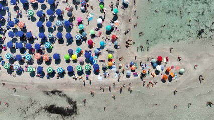 Wall Mural - aerial view on beach, people and umbrellas. vacation and adventure. europe, mediterranean sea. top v